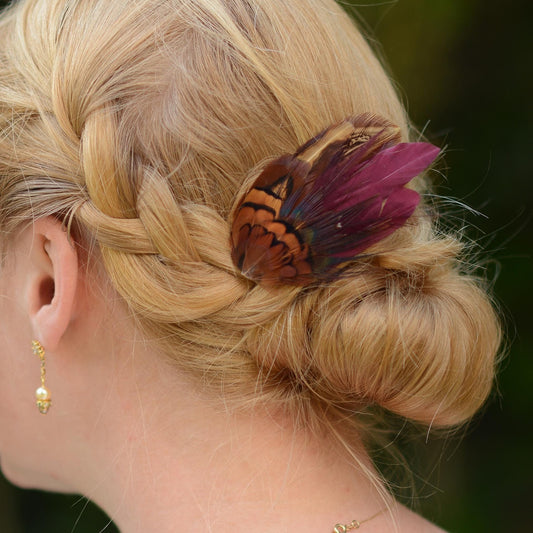 Small Plum Purple and Copper Pheasant Feather Hair Clip | Feather Fascinator | Bridal | Bridesmaid Hair Clip | Wedding Fascinator
