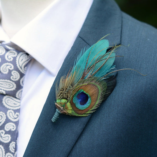 Teal and Green Peacock and Pheasant Feather Lapel Pin | Peacock Feather Boutonniere | Peacock Feather Brooch