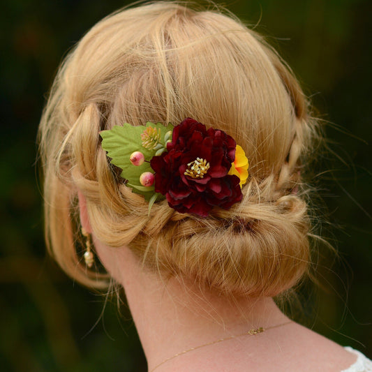 Burgundy Peony Flower Hair Clip | Silk Flower Hair Clip | Bridal Hair Clip | Bridesmaids Hair Clip | Autumn | Fall