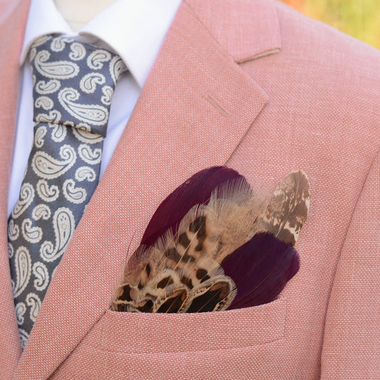 Burgundy and Blonde Pheasant Feather Pocket Square No.196 | Suit Accessory | Feather Neck Tie | Grooms Outfit | Groomsmen Gift | Wedding