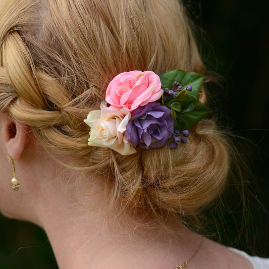 Pink and Purple Flower Hair Clip | Bridesmaids Hair Clip | Floral Headpiece | Bridal Hair Clip | Flower Bun Clip | Pink Hair Clip