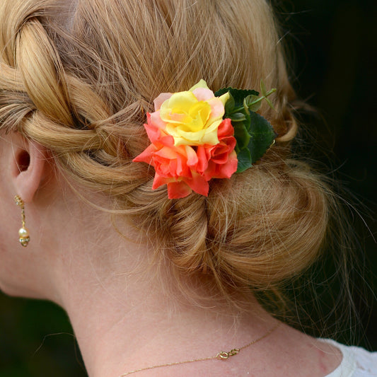 Flower Hair Clip in Yellow and Orange Roses | Tropical Hair Clip | Bridesmaids Clip | Bridal Hair Clip | Flower Bun Clip