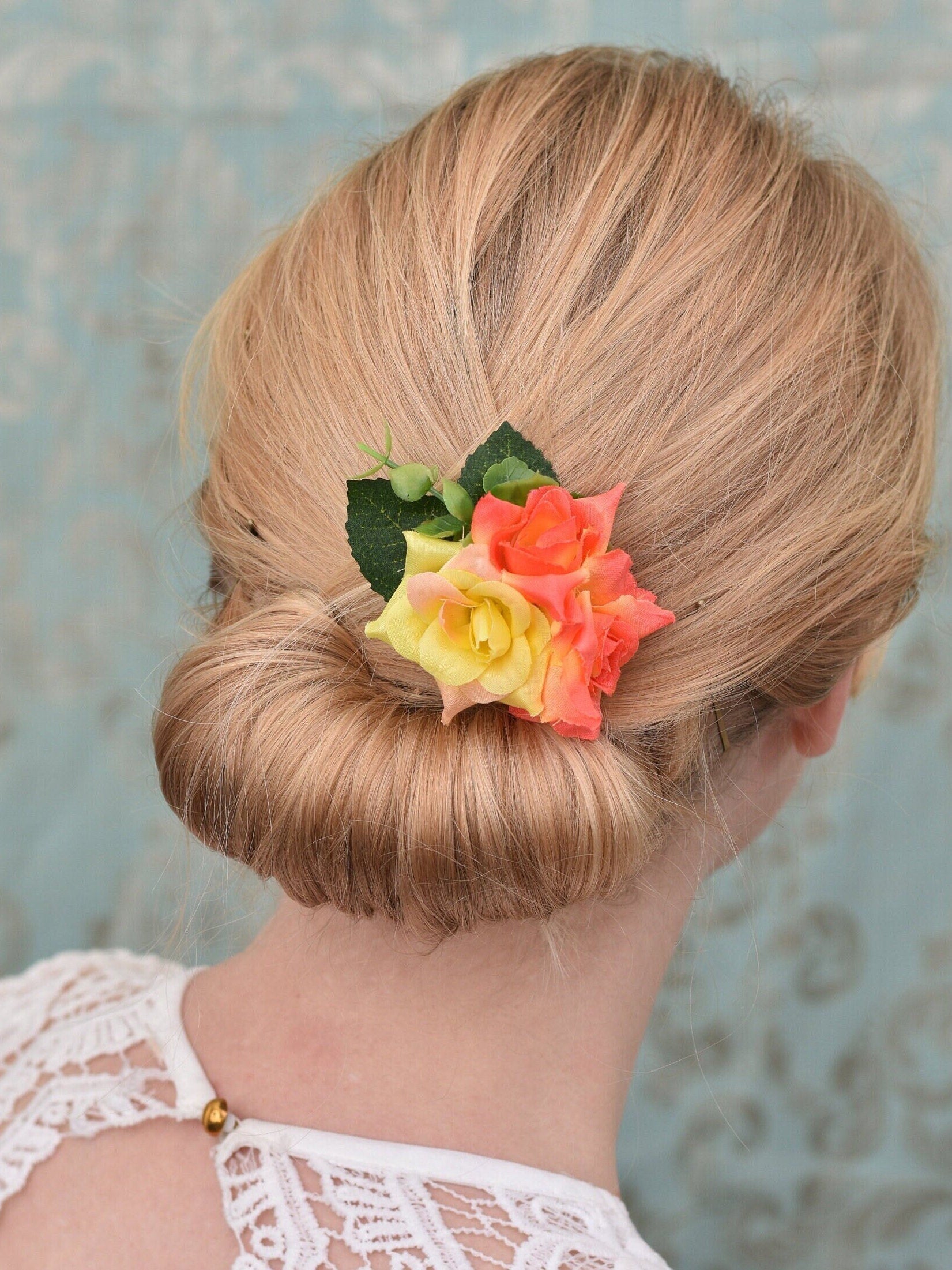 Flower Hair Clip in Yellow and Orange Roses | Tropical Hair Clip | Bridesmaids Clip | Bridal Hair Clip | Flower Bun Clip