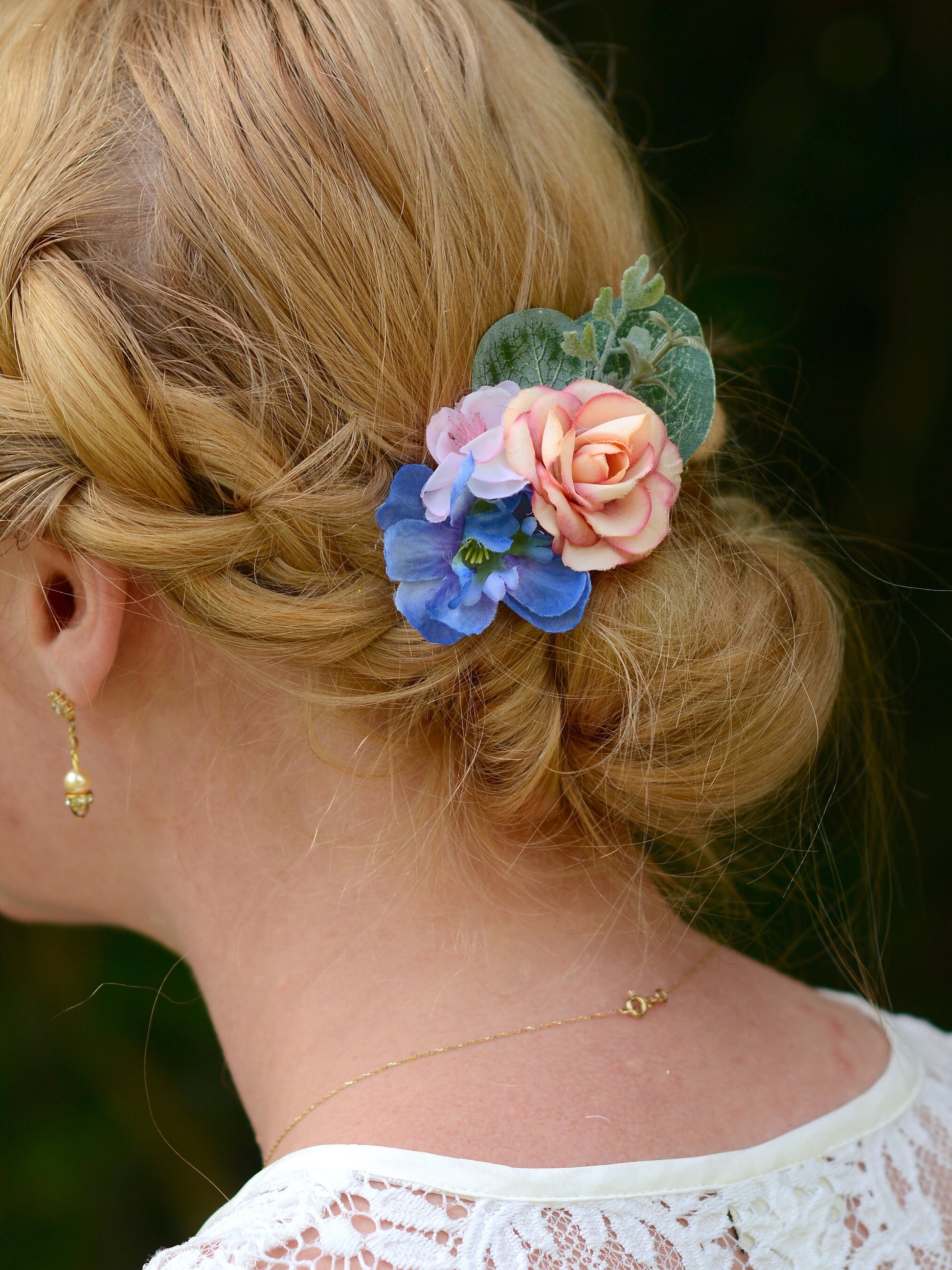 Blue and Pink Flower Hair Clip with Eucalyptus | Silk Flower Hair Clip | Bridal Hair Clip | Bridesmaids Hair Clip | Flower Girl Hair Clip
