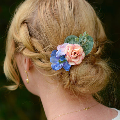 Blue and Pink Flower Hair Clip with Eucalyptus | Silk Flower Hair Clip | Bridal Hair Clip | Bridesmaids Hair Clip | Flower Girl Hair Clip