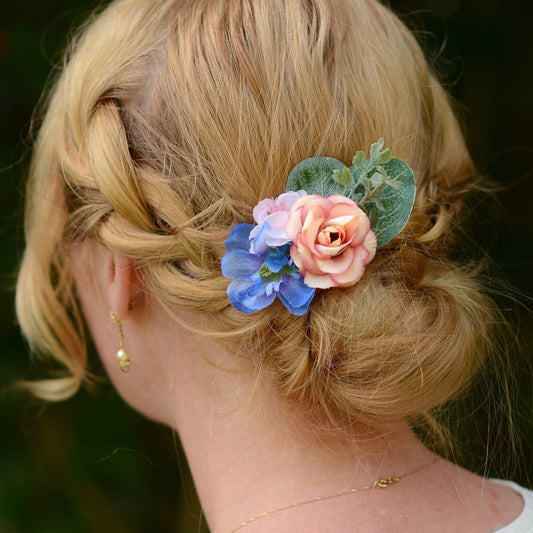 Blue and Pink Flower Hair Clip with Eucalyptus | Silk Flower Hair Clip | Bridal Hair Clip | Bridesmaids Hair Clip | Flower Girl Hair Clip