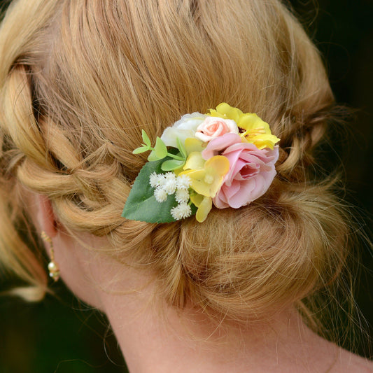 Flower Hair Clip in Pink and Yellow | Bridesmaids Hair Clip | Hair Accessory | Floral Headpiece | Bridal Hair Clip | Flower Bun Clip