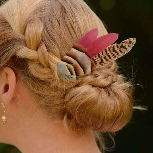 Burgundy, Partridge and Pheasant Feather Hair Clip | Pheasant Feather Fascinator | Feather Headpiece | Bridesmaid Hair Clip