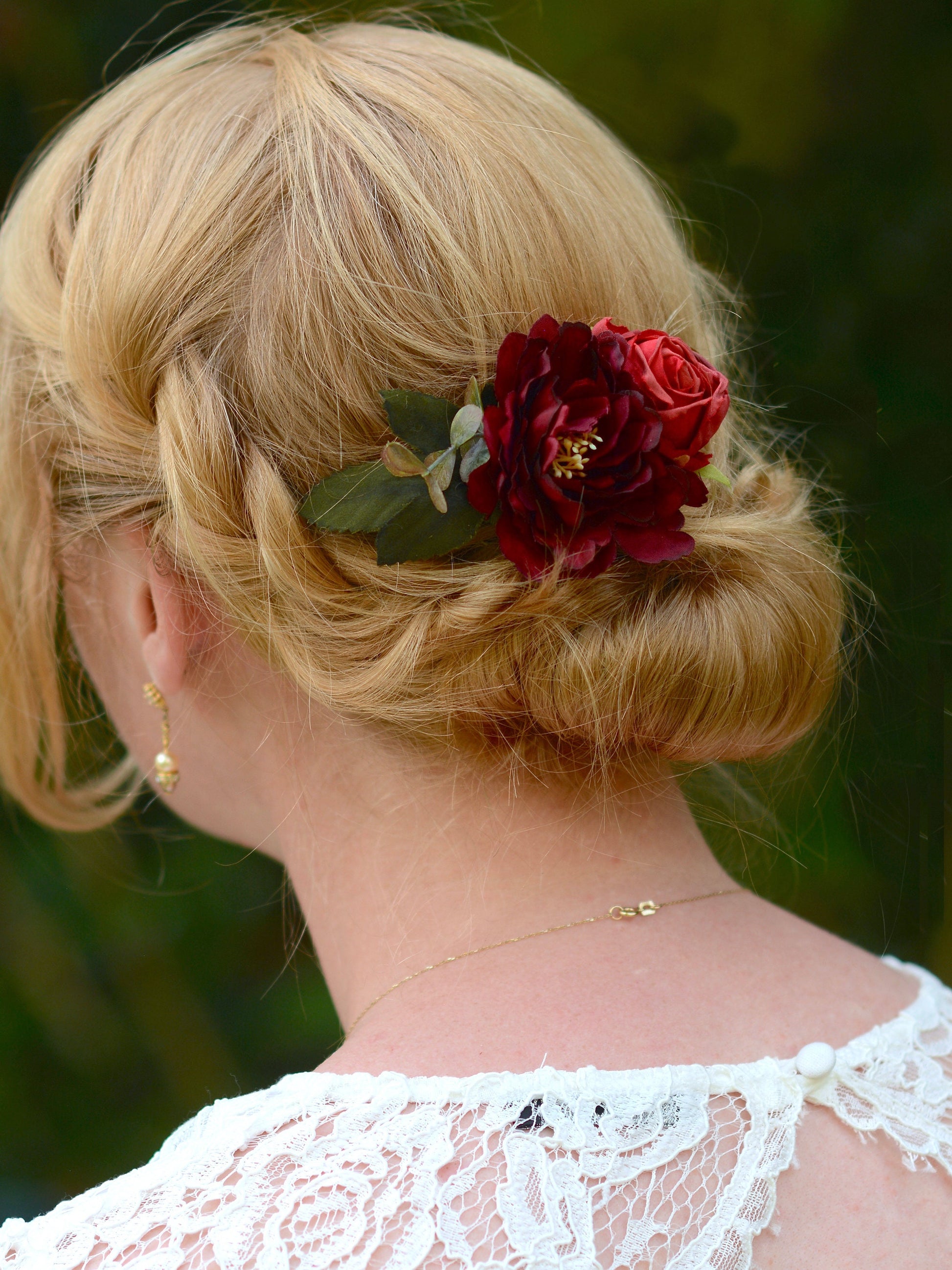 Crimson Red Peony and Rose Flower Hair Clip | Bridal Hair Clip
