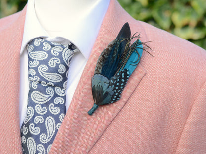 Green, Teal and Turquoise Feather Pin No.299 | Unique Duck Feather Boutonniere / Hat Pin