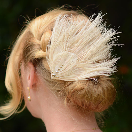 Feather Fascinator in Ivory Peacock with Swarovski Crystal Detail | Bridal Feather Hair Clip | Bridal Feather Hairpiece | Bridal Headpiece