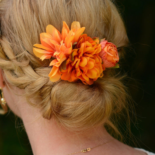 Flower Hair Clip in Orange Dahlias and Ranunculus| Tropical Hair Clip | Bridesmaids Clip | Bridal Hair Clip | Flower Bun Clip