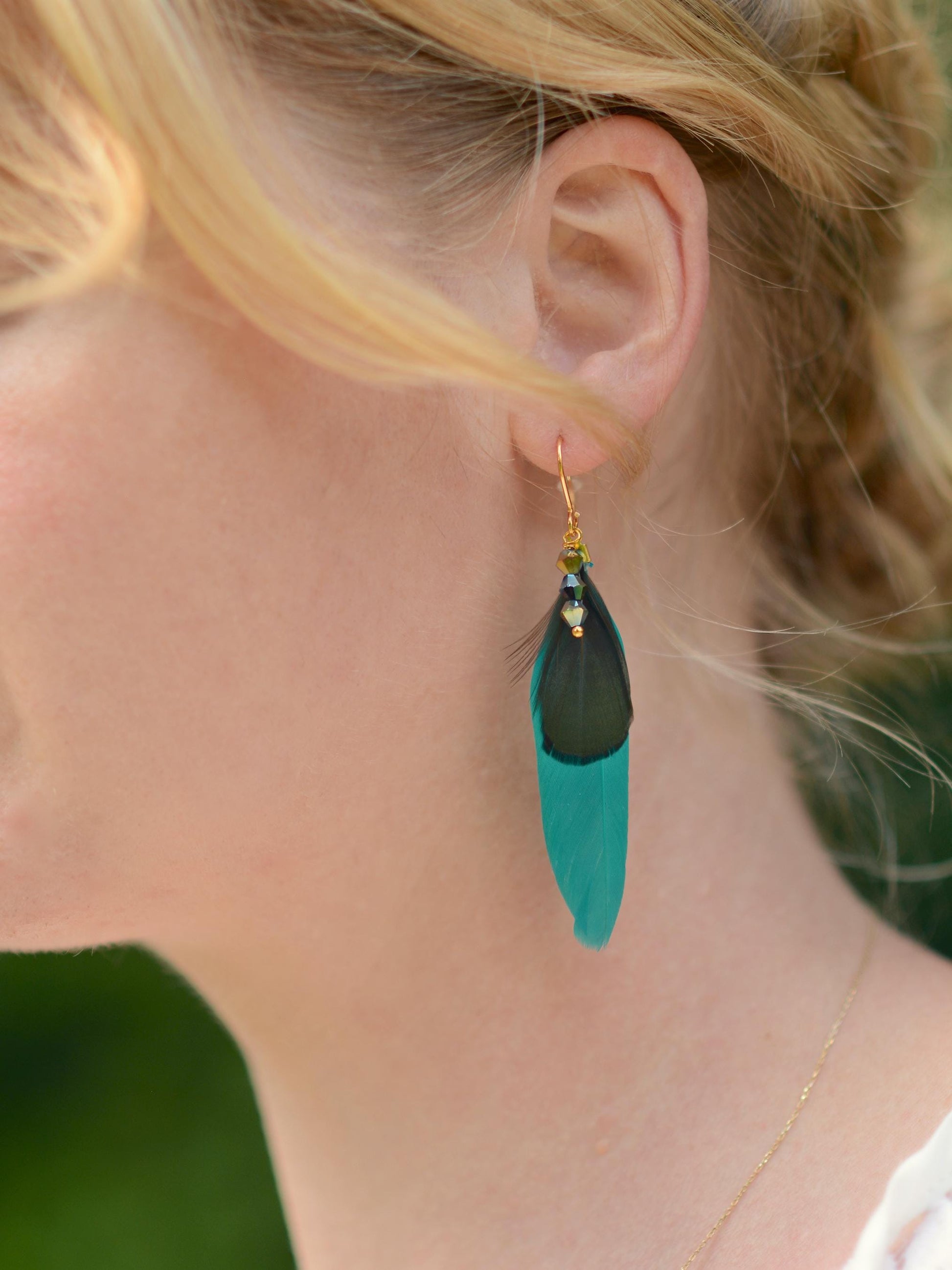 Teal, Green and Gold Feather Earrings