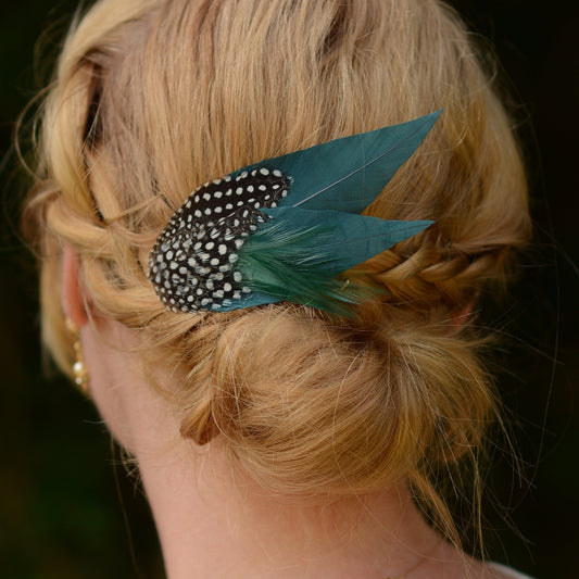 Deep Green Feather Hair Clip with Polka Dots, Green Feather Hair Piece