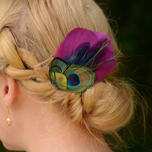 Purple, Navy Blue and Peacock Feather Hair Clip | Peacock Feather Fascinator | Peacock Feather Headpiece | Bridesmaid Hair Clip | Wedding