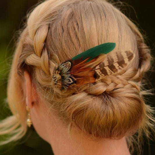 Green and Copper Pheasant Feather Hair Clip, Feather Fascinator
