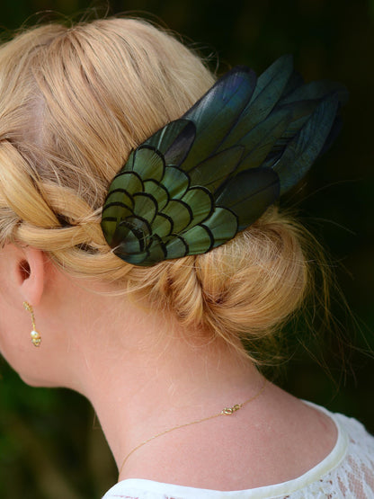 Feather Hair Clip in Glossy Green Black Natural Feathers | Black Feather Fascinator | Black Feather Headpiece | Wedding Fascinator