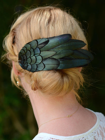 Feather Hair Clip in Glossy Green Black Natural Feathers | Black Feather Fascinator | Black Feather Headpiece | Wedding Fascinator