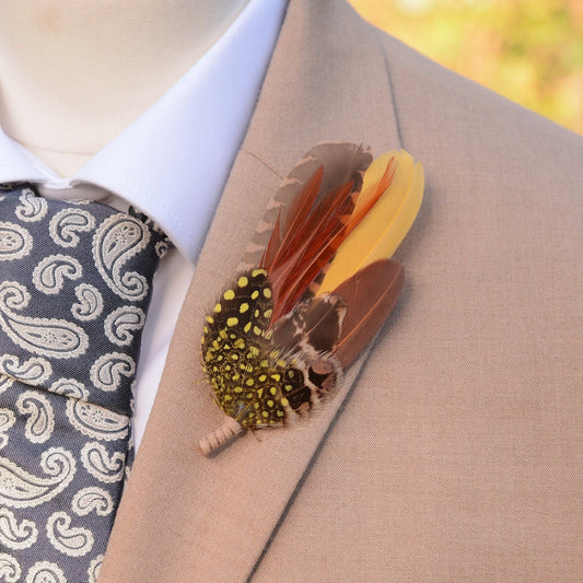 Mustard Yellow and Tan Brown Feather Pin No.200 | Feather Boutonnieres | Feather Hat Pin | Pheasant Feather Pin
