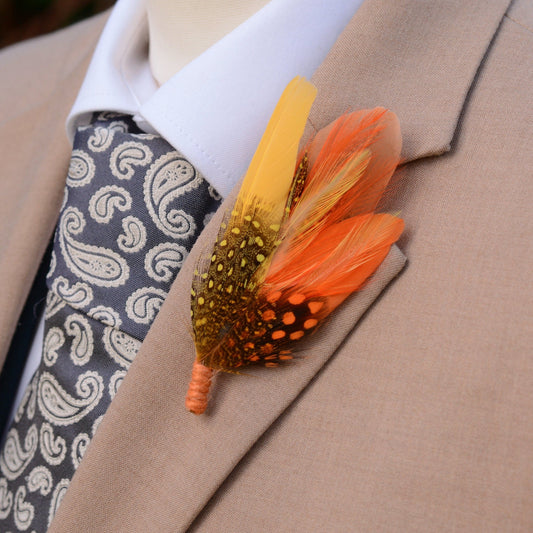 Bright Yellow and Orange Dyed Feather Pin Small no.210 | Pheasant Feather Boutonniere | Feather Brooch | Feather Hat Pin