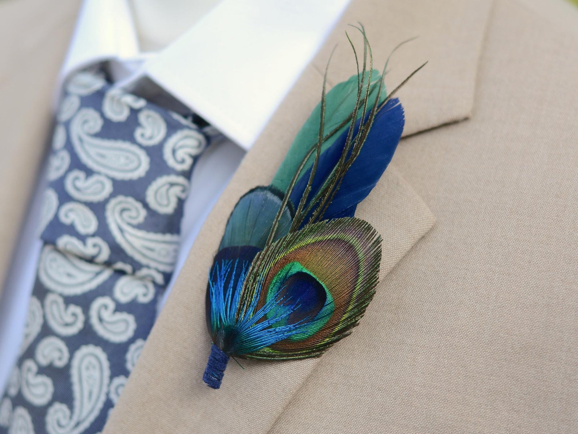 Green and Navy Peacock and Pheasant Feather Boutonniere | Peacock Feather Corsage | Peacock Feather Hat Pin