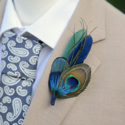 Green and Navy Peacock and Pheasant Feather Boutonniere | Peacock Feather Corsage | Peacock Feather Hat Pin