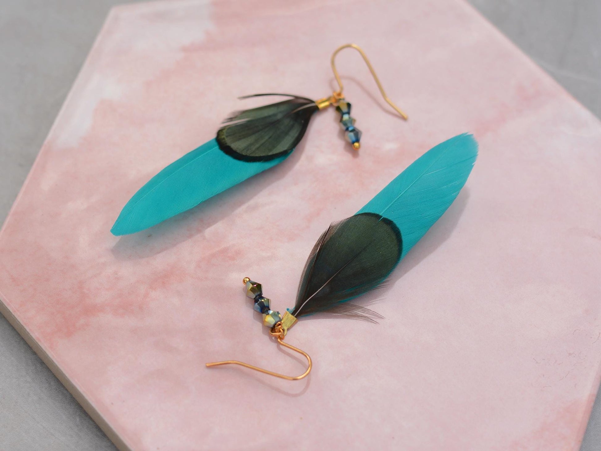 Teal, Green and Gold Feather Earrings