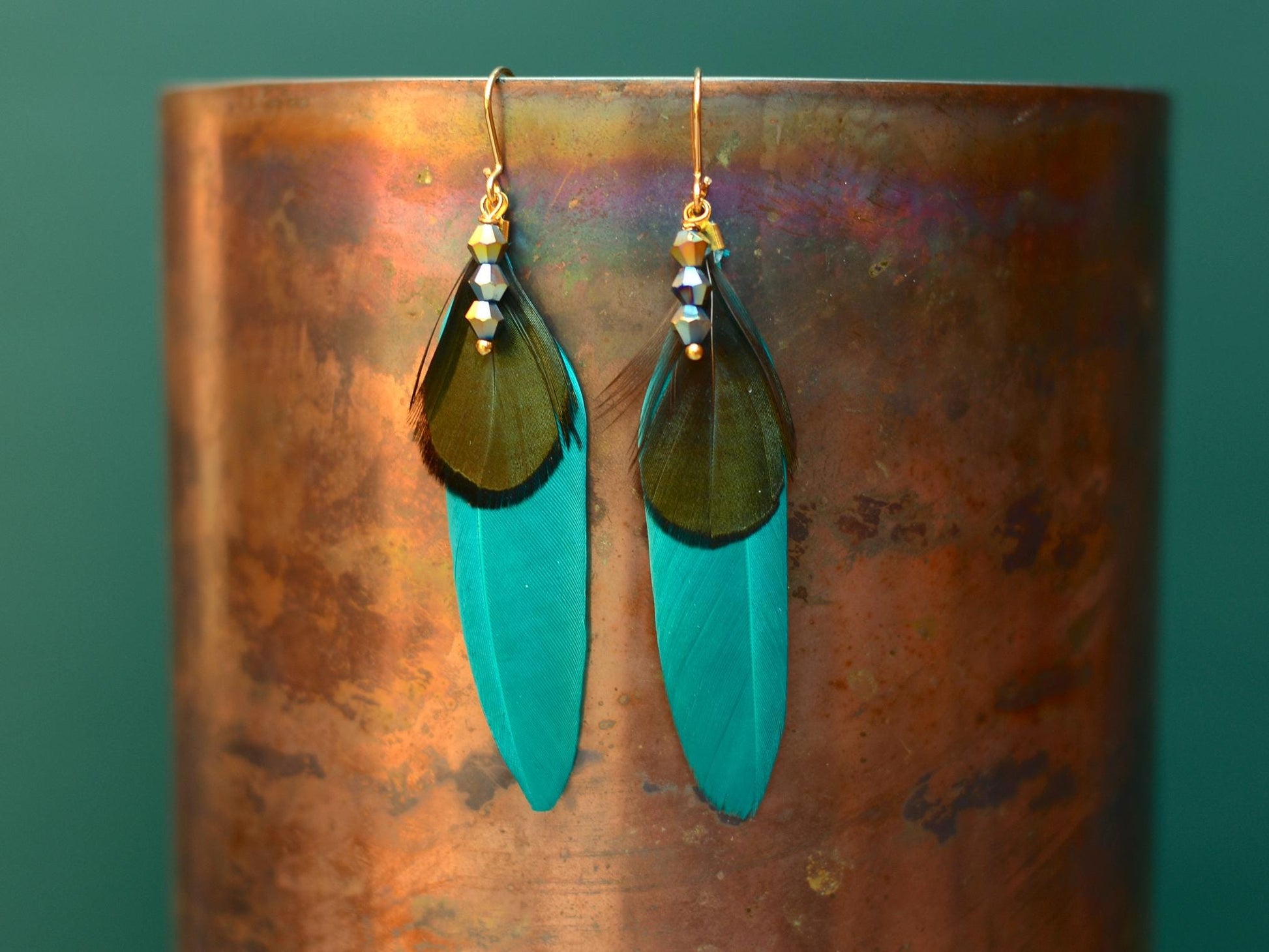 Teal, Green and Gold Feather Earrings