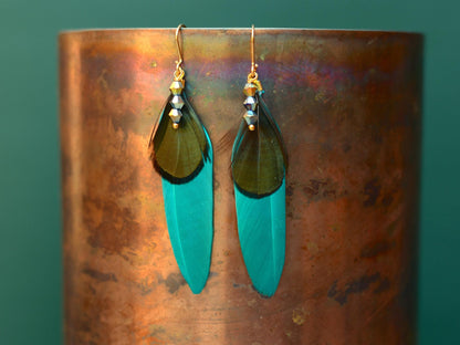 Teal, Green and Gold Feather Earrings