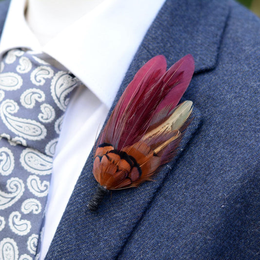 Deep Burgundy and Copper Feather Pin / Hat Pin | Duck Feather Boutonniere | Pheasant Feather Brooch | Feather Corsage
