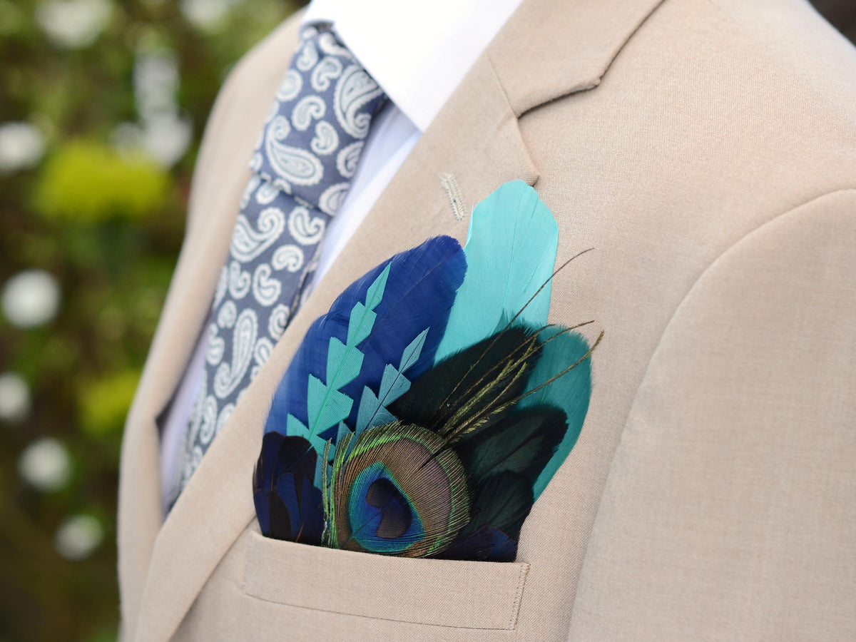 Teal and Navy Peacock Feather Pocket Square No.248 | Suit Accessory | Feather Neck Tie | Grooms Outfit | Groomsmen Gift