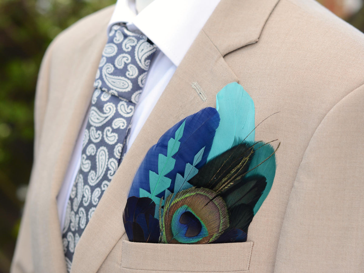 Teal and Navy Peacock Feather Pocket Square No.248 | Suit Accessory | Feather Neck Tie | Grooms Outfit | Groomsmen Gift