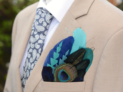 Teal and Navy Peacock Feather Pocket Square No.248 | Suit Accessory | Feather Neck Tie | Grooms Outfit | Groomsmen Gift