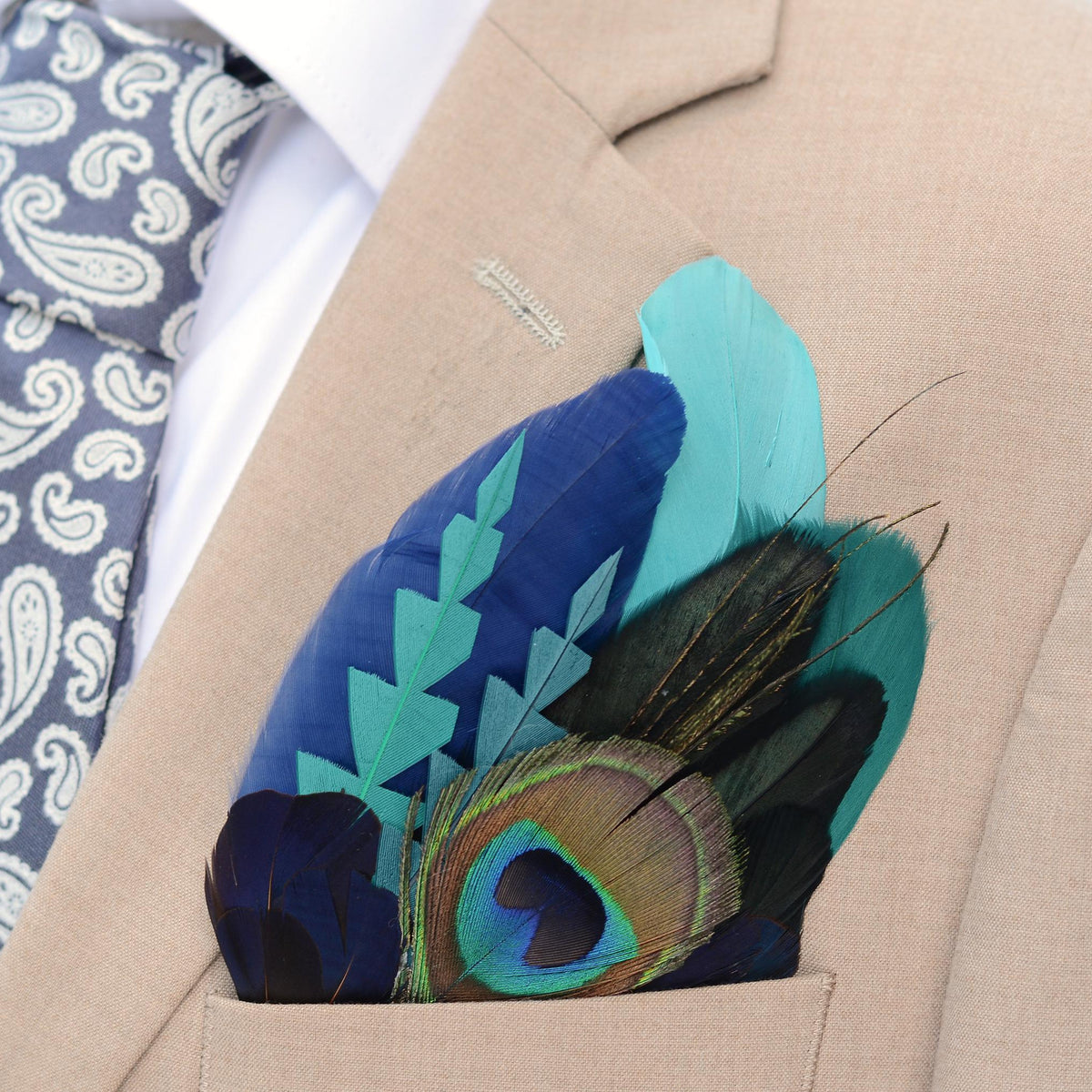 Teal and Navy Peacock Feather Pocket Square No.248 | Suit Accessory | Feather Neck Tie | Grooms Outfit | Groomsmen Gift