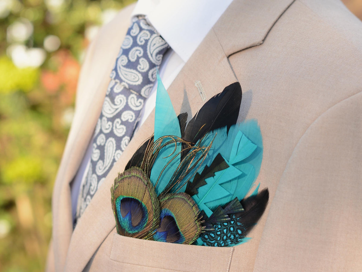 Teal, Green and Black Peacock Feather Pocket Square No.250 | Suit Accessory