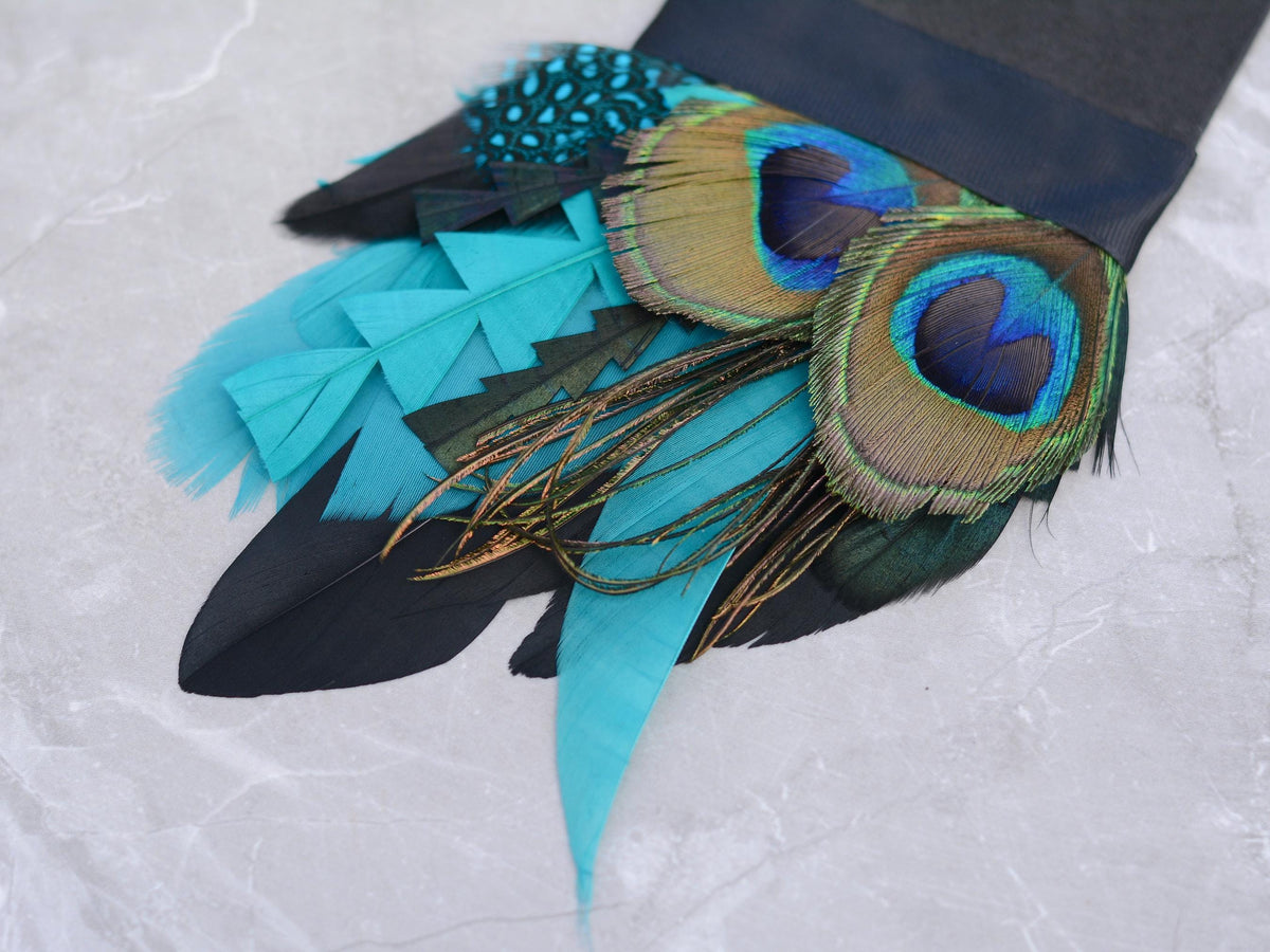 Teal, Green and Black Peacock Feather Pocket Square No.250 | Suit Accessory