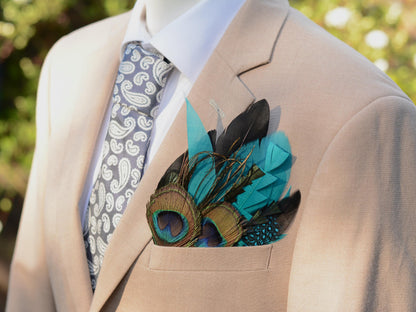 Teal, Green and Black Peacock Feather Pocket Square No.250 | Suit Accessory