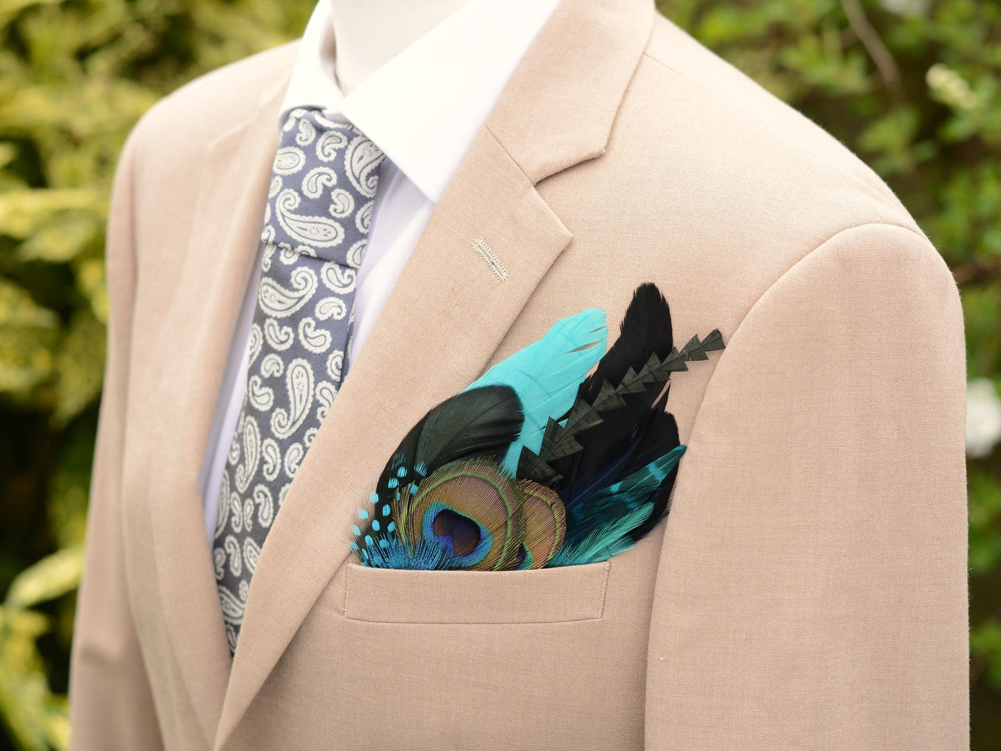 Shades of Teal and Turquoise Peacock Eye Feather Pocket Square No.252 | Suit Accessory