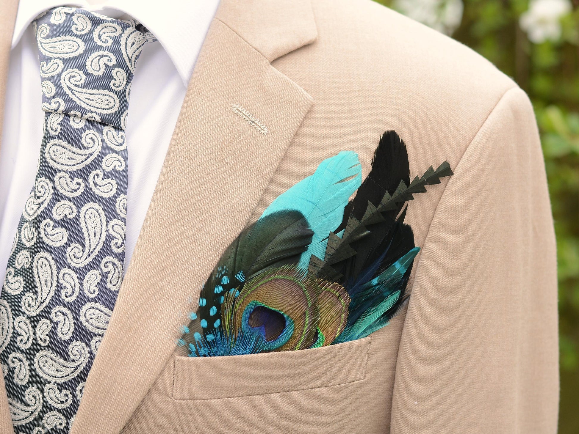 Shades of Teal and Turquoise Peacock Eye Feather Pocket Square No.252 | Suit Accessory
