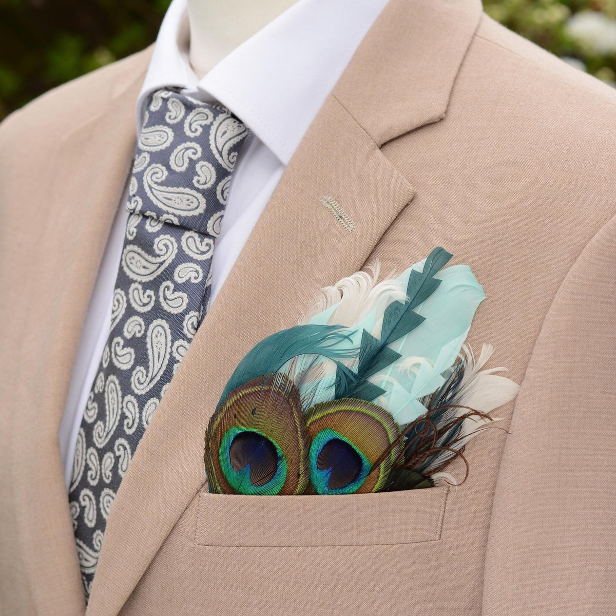 Shades of Green and Peacock Eye Feather Pocket Square No.206 | Suit Accessory