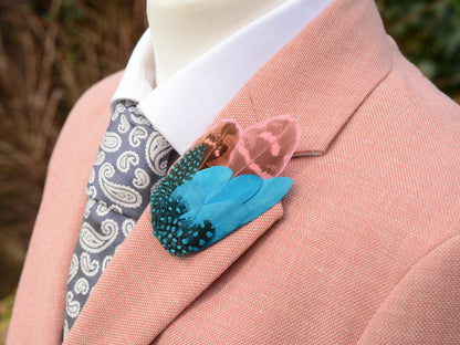 Bright Blue and Pink Feather Pin Small no.157 | Pheasant Feather Boutonniere | Feather Brooch | Feather Hat Pin