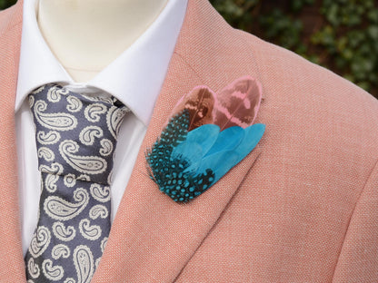 Bright Blue and Pink Feather Pin Small no.157 | Pheasant Feather Boutonniere | Feather Brooch | Feather Hat Pin