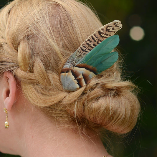 Green Partridge and Pheasant Feather Hair Clip / Boutonniere Set | Pheasant Feather Fascinator | Bridesmaid Hair Clip