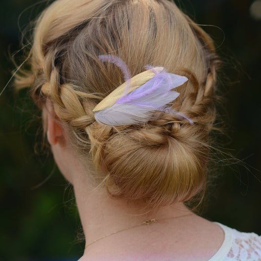 Lavender Purple and Gold Small Feather Hair Clip | Purple Feather Hair Clip | Feather Headpiece | Wedding Fascinator