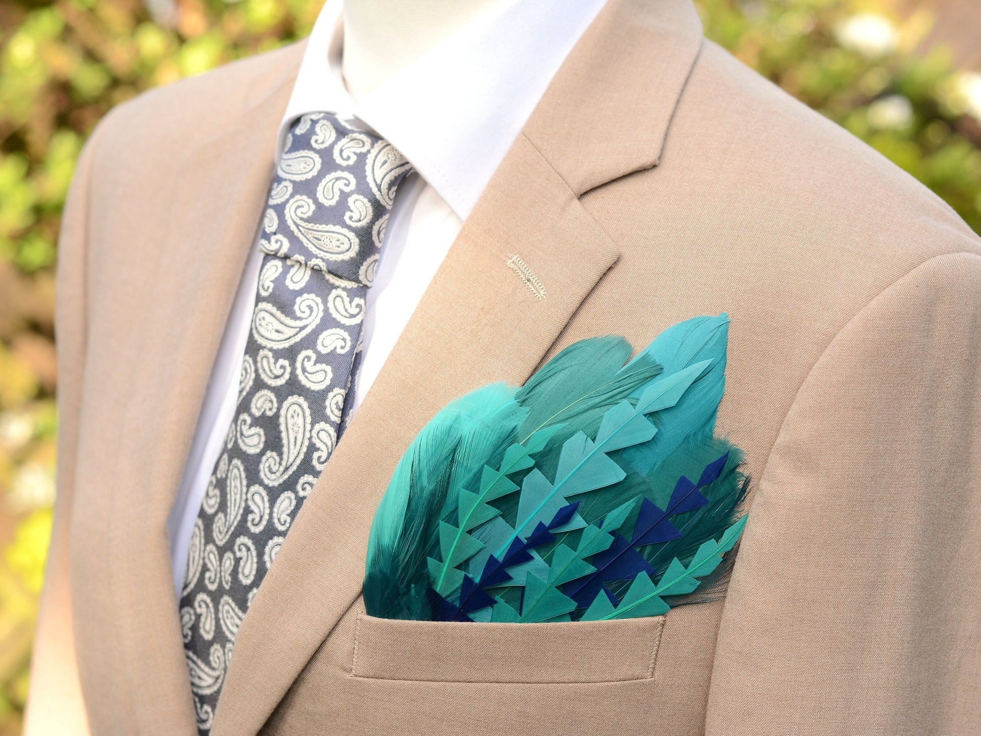Teal Turquoise and Blue Feather Pocket Square No.241 Suit Accessory