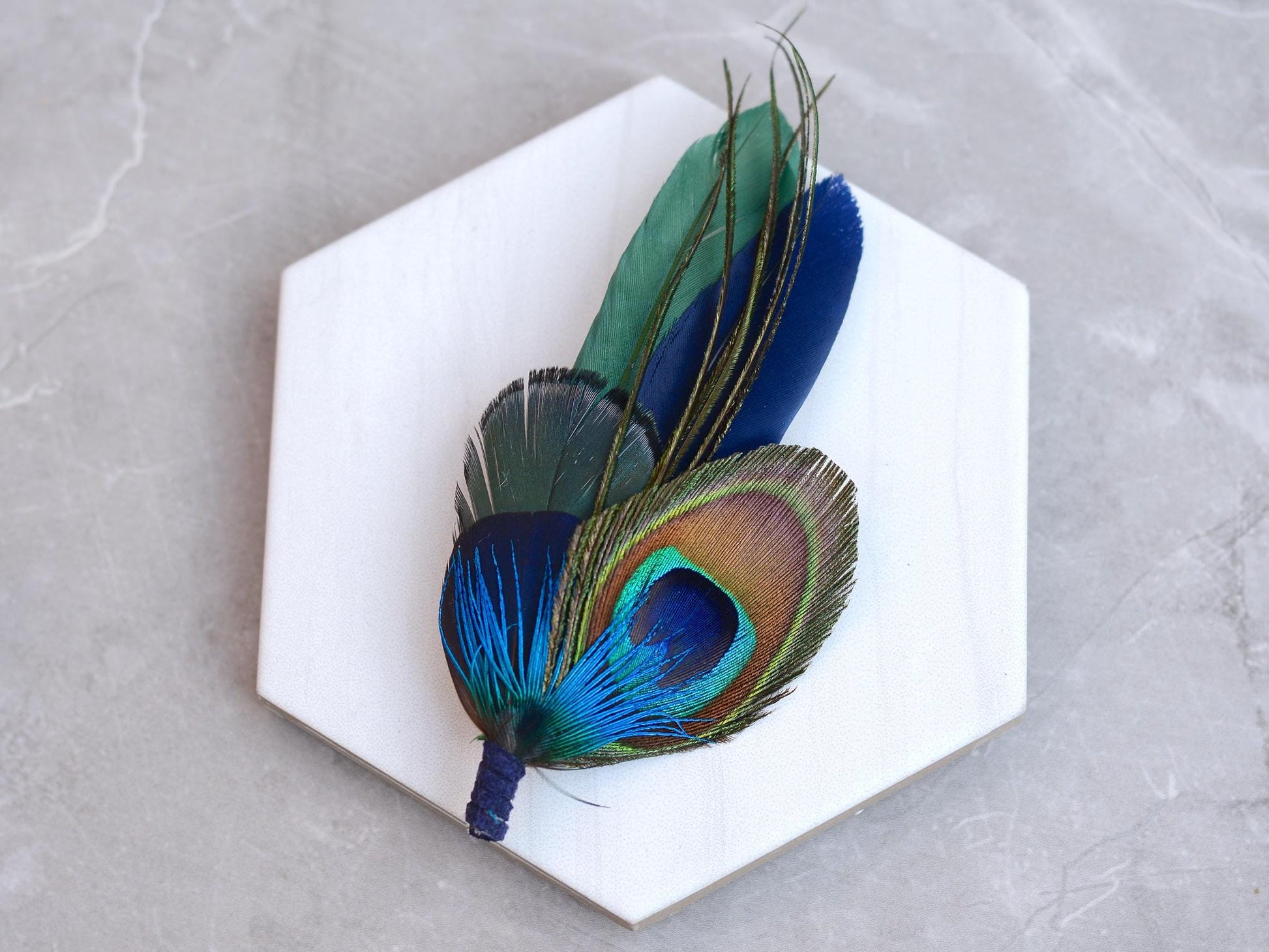 Green and Navy Peacock and Pheasant Feather Boutonniere | Peacock Feather Corsage | Peacock Feather Hat Pin