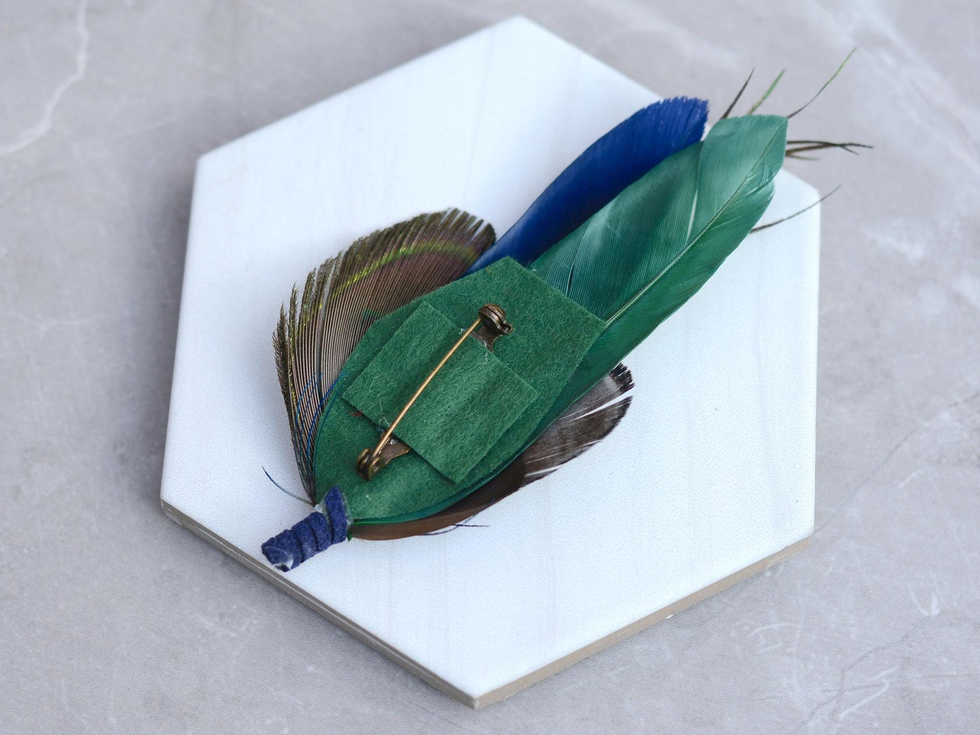 Green and Navy Peacock and Pheasant Feather Boutonniere | Peacock Feather Corsage | Peacock Feather Hat Pin