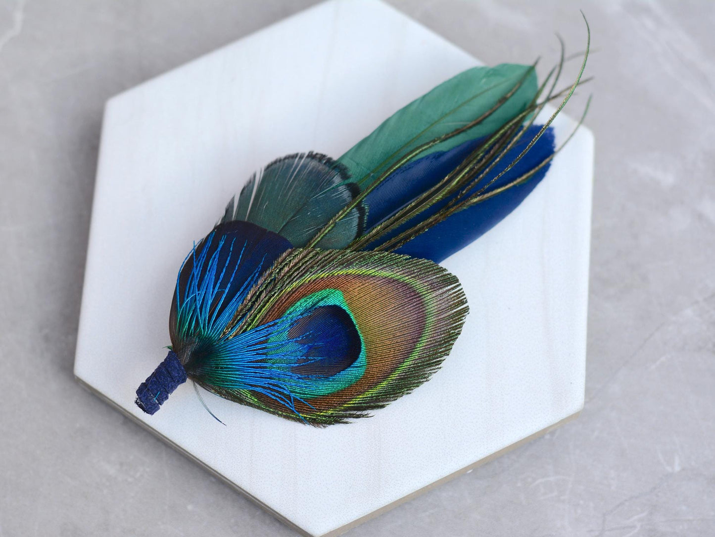 Green and Navy Peacock and Pheasant Feather Boutonniere | Peacock Feather Corsage | Peacock Feather Hat Pin