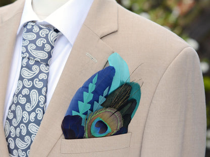 Teal and Navy Peacock Feather Pocket Square No.248 | Suit Accessory | Feather Neck Tie | Grooms Outfit | Groomsmen Gift