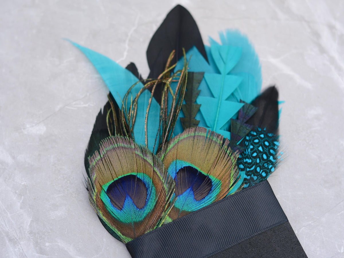 Teal, Green and Black Peacock Feather Pocket Square No.250 | Suit Accessory